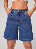 greatnfb Blue Slant Pockets Denim Shorts, Non-Stretch Straight Legs Casual Denim Shorts, Women's Denim Jeans & Clothing