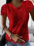 greatnfb  Lace Crew Neck T-Shirt, Elegant Short Sleeve T-Shirt For Spring & Summer, Women's Clothing