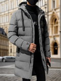 Men's Winter Thickened Padded Hooded Pullover Coat, Windproof Mid-Length Warm Casual Fashion Cotton Jacket, Polyester Fabric, Solid Color, Regular Sleeves, Long Length, Zipper Closure, Pocket Detail, Daily & Leisurewear