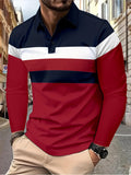 Men's Stylish Color Block Polo Shirts - Long Sleeve Lapel Golf Polos with Mid Stretch, Regular Fit, and Casual Style for Spring/Autumn Season Wear