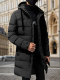 Men's Winter Thickened Padded Hooded Pullover Coat, Windproof Mid-Length Warm Casual Fashion Cotton Jacket, Polyester Fabric, Solid Color, Regular Sleeves, Long Length, Zipper Closure, Pocket Detail, Daily & Leisurewear