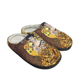 Flannel Cotton Slippers Oil Painting Kiss Gustav Klimt Winter Warm Round Toe Fuzzy Shoes Indoor Anti-slip Sandals Women  New