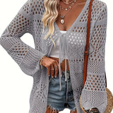 Plus Size Scallop Trim Solid Kimono, Casual Cut Out Long Sleeve Lace Up Kimono, Women's Plus Size Clothing