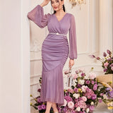 greatnfb  Ruched Surplice Neck Mermaid Hem Dress, Elegant Long Sleeve Bodycon Dress For Party & Banquet, Women's Clothing