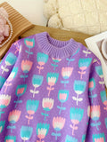 Trendy Tulips Pattern Knit Crew Neck Sweater - Soft, Warm, and Elegant Pullover Jumper Top for Girls - Perfect for Fall and Winter Season, Girls Clothing, Casual Wear, School Outfit, and Outdoor Activities