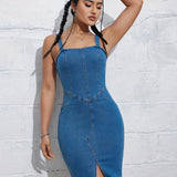 Women's Split Denim Bodycon Dress, Sexy Sleeveless, Knee-Length, Slim Fit, Summer Fashion, Back Zip Closure, Casual Streetwear