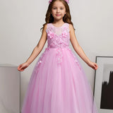 Elegant Princess Lace Gown for Girls - Flower Accents, Sleeveless Tulle, Full-Length - Ideal for Weddings, Pageants, and Formal Events