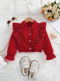 Charming Sweetheart Ruffle Lapel Crop Shirt - Women's Blouses & Button-Down Shirts with Beaded Embellishments, Long Sleeve, Party/Casual Wear for Spring and Fall Seasons