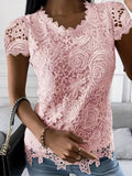 greatnfb  Lace Crew Neck T-Shirt, Elegant Short Sleeve T-Shirt For Spring & Summer, Women's Clothing