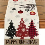 Merry Christmas Table Runner - Holiday Dining Decor with Red Pine Trees, Woven Polyester, Festive Table Decoration, Rectangle, 13x72 inches