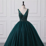 Shiny Dark Green Sequined Tulle Quinceanera Dresses Sexy Backless V Neck Ball Gown Evening Prom Gowns With Corset Back BM3506