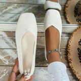 Women's Solid Color Flat Shoes, Breathable Knit Square Toe Shoes, Lightweight & Comfortable White Shoes