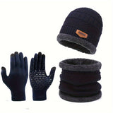 Cozy 3pcs Winter Set: Thick Fleece-Lined Beanie, Scarf & Touchscreen Gloves -, Cotton, Hand Washable