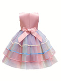 Elegant Girls' Unicorn Birthday Party Dress - Rainbow Tulle Ball Gown with Floral Applique, Comfort Fit