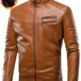 Plus Size Men's PU Biker Jacket | Stylish Zip-Up Stand Collar | Casual Solid Color Motorcycle Coat