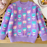 Trendy Tulips Pattern Knit Crew Neck Sweater - Soft, Warm, and Elegant Pullover Jumper Top for Girls - Perfect for Fall and Winter Season, Girls Clothing, Casual Wear, School Outfit, and Outdoor Activities