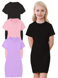 3-Pack Girls Short Sleeve Slim Fit T-Shirt Dress - Soft & Breathable, Crew Neck, Solid Colors, Casual Everyday Style