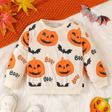 Adorable Cartoon Pumpkin Print Long Sleeve Sweatshirt - Tees for Toddler & Infant Boys - Soft, Casual, Full Print Design, Comfortable, Halloween Theme, Baby Boy's Clothing