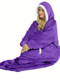 Solid Plush Hooded Robe, Warm & Comfy Long Sleeve Robe With Pockets, Women's Sleepwear