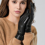 Warm & Waterproof Velvet Lined Leather Gloves - Rich Solid Color, Genuine Leather, Button Touchscreen, Classic Design, Insulating Warmth - Perfect for Autumn and Winter Driving, Cycling, and Outdoor Activities