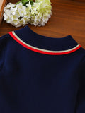 Elegant Preppy Bear-Embroidered Girls' Knit Dress - Cozy Long Sleeve, Easy-Care Spring/Fall Fashion