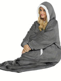 Solid Plush Hooded Robe, Warm & Comfy Long Sleeve Robe With Pockets, Women's Sleepwear