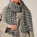 Large Houndstooth Scarf Shawl - Soft, Warm, Stretchy, Elegant Cold Weather Scarves & Wraps with Tassel for Autumn Winter - Versatile Neck Protection, Coldproof Blanket Scarf for Outdoor Activities