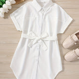 Girls Elegant Longline Shirt Dress with Pockets - Loose Fit, Non-Stretch Polyester, Machine Washable, Semi-Sheer, Solid Color, Lapel Collar, Roll-up Sleeve, Perfect for Summer Casual Wear