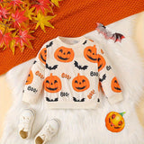 Adorable Cartoon Pumpkin Print Long Sleeve Sweatshirt - Tees for Toddler & Infant Boys - Soft, Casual, Full Print Design, Comfortable, Halloween Theme, Baby Boy's Clothing