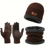 Cozy 3pcs Winter Set: Thick Fleece-Lined Beanie, Scarf & Touchscreen Gloves -, Cotton, Hand Washable