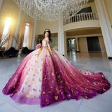 Colorful 3D Butterfly Quinceanera Dresses Ball Gown  Off The Shoulder Lace Sweet 16 Vestidos De 15 Anos