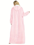 Solid Plush Hooded Robe, Warm & Comfy Long Sleeve Robe With Pockets, Women's Sleepwear