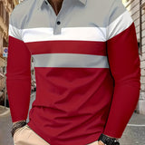 Men's Stylish Color Block Polo Shirts - Long Sleeve Lapel Golf Polos with Mid Stretch, Regular Fit, and Casual Style for Spring/Autumn Season Wear