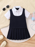 Adorable Girls Preppy School Dress - Fashionable Pleated Design with Classic Splicing, Short Sleeve Lapel Collar, Premium Quality Uniform Style for Timeless Charm