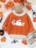 Adorable Cartoon Ghost Embroidered Sweater - Soft Cable Knit Long Sleeve Top for Toddler & Infant Boys, Perfect for Fall and Winter, Casual Wear, Letter Print Design, Halloween Theme, Comfortable and Cozy Clothing for Little Ones