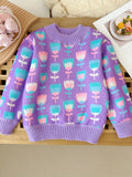 Trendy Tulips Pattern Knit Crew Neck Sweater - Soft, Warm, and Elegant Pullover Jumper Top for Girls - Perfect for Fall and Winter Season, Girls Clothing, Casual Wear, School Outfit, and Outdoor Activities