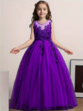 Elegant Princess Lace Gown for Girls - Flower Accents, Sleeveless Tulle, Full-Length - Ideal for Weddings, Pageants, and Formal Events