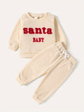 2pcs Christmas Santa Baby Waffle Embroidered Letter Fashion Top + Pants Casual & Comfy Suit