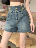 greatnfb High Rise Breasted Pintuck Denim Shorts, Retro Style Loose Fit Hot Denim Shorts, Women's Denim Jeans & Clothing