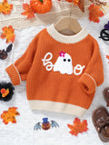 Adorable Cartoon Ghost Embroidered Sweater - Soft Cable Knit Long Sleeve Top for Toddler & Infant Boys, Perfect for Fall and Winter, Casual Wear, Letter Print Design, Halloween Theme, Comfortable and Cozy Clothing for Little Ones