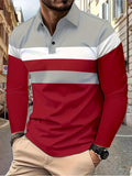 Men's Stylish Color Block Polo Shirts - Long Sleeve Lapel Golf Polos with Mid Stretch, Regular Fit, and Casual Style for Spring/Autumn Season Wear