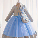 3pcs Girls Glamorous Puffy Princess Dress Set - Flower Embellished, Jacquard Jacket & Bag - Perfect for Parties & Performances