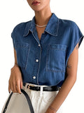 Plain Washed Casual Chest Pockets Cape Sleeve Elegant Denim Shirts Top, Women's Denim Jeans & Clothing