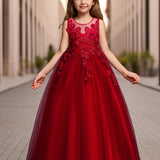 Elegant Princess Lace Gown for Girls - Flower Accents, Sleeveless Tulle, Full-Length - Ideal for Weddings, Pageants, and Formal Events