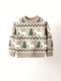 Boys Cozy Cartoon Deer & Trees Graphic Knit Pullover Sweater - Soft Viscose Blend, Crew Neck, Long Sleeve, Regular Fit - Perfect for Winter, Spring, and Autumn