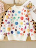 Vibrant Dots Faux Mink Plush Knit Pullover Sweater for Girls - Soft, Warm, Crew Neck Design for Autumn/Winter - Cozy, Colorful, and Comfortable