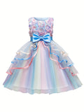 Elegant Girls' Unicorn Birthday Party Dress - Rainbow Tulle Ball Gown with Floral Applique, Comfort Fit