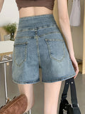 greatnfb High Rise Breasted Pintuck Denim Shorts, Retro Style Loose Fit Hot Denim Shorts, Women's Denim Jeans & Clothing