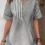 greatnfb  Striped Print Notched Neck Blouse, Casual Short Sleeve Button Front Blouse For Spring & Summer, Women's Clothing