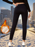 Plus Size High Waisted Leggings for Women - Winter Thermal Fleece Lined Skinny Pants, Polyester 95%, Elastane 5%, Elegant Medium Stretch Knit Fabric, Solid Color, Warm Tummy Control션